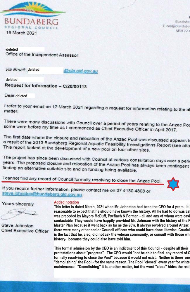 In a March 2021 letter to the Office of the Independent Assessor, CEO Steve Johnston said he had found no record of council formally resolving to demolish Anzac Pool.