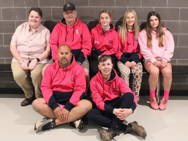 Back row L-R: Joe Birch, Rick Birch, Sigrid Birch, Heidi Johnson, Shelby Barr. Front row L-R: Corey Oakley, Tom Birch. Sorell Football Club will celebrate the life of Carolyn Birch during the annual match by wearing Pink Socks to raise funds for breast cancer. Picture: Jake Garland