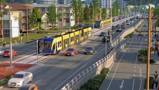 Updated artist impression of Gold Coast Light Rail Stage 3 between Broadbeach and Burleigh Heads. Picture: Supplied