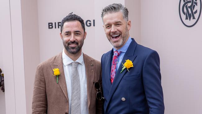 MasterChef hosts Andy Allen (left) and Jock Zonfrillo are seen in the Birdcage during last year’s Melbourne Cup carnival. Picture: Jason Edwards