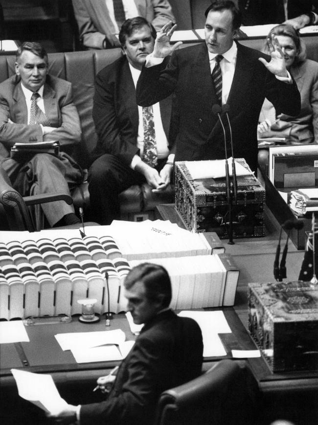 Then PM Paul Keating attacks opposition leader John Hewson for re-releasing Fightback during question time in the House of Representatives chamber in Canberra.