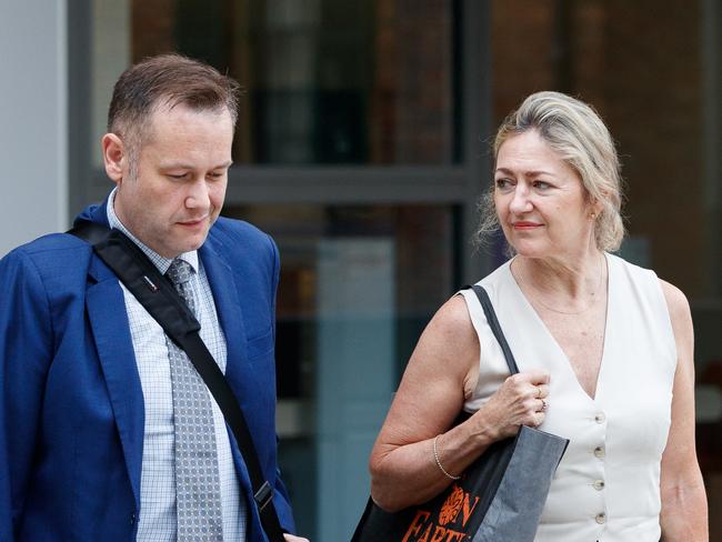 DAILY TELEGRAPH. Former mayor of Dubbo Ben Shields and his barrister, former Crown Prosecutor Margaret Cunneen (R), and a supporter (L) leave Sydney West Trial Courts in Parramatta, where Shields is facing historical rape charges. Monday 08/04/2024. Picture by Max Mason-Hubers