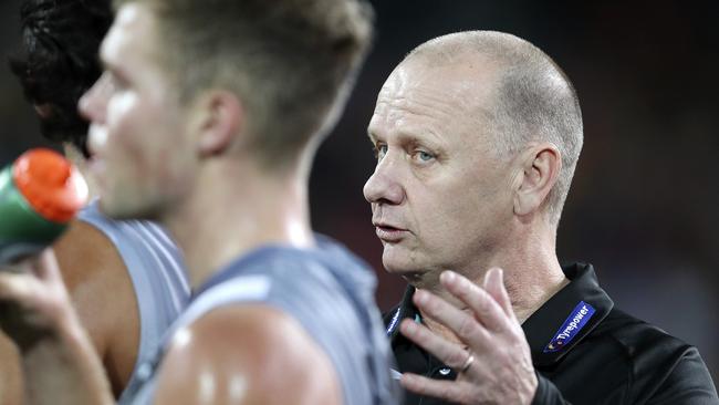 Port Adelaide coachKen Hinkley at three quarter time during Showdown 47. Picture: Sarah Reed