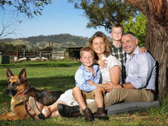 EMBARGOED FOR AT HOME - DO NOT USE, please contact At Home editor Diana Jenkins. At Home 2023: Cover story Feb 25, regional reality. Career professionals Sally-Anne and Ray Kearns pictured on their property with their boys Alex - 6yo and Ashton - 4yo (and dog Athena) made the "tree change" country lifestyle move to property at Cullenbone near Mudgee.   Picture by Dean Marzolla