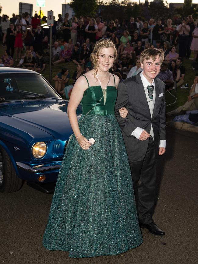 Zoe Partridge and Jaden Nichols arrive at Harristown State High School formal at Highfields Cultural Centre, Friday, November 18, 2022. Picture: Kevin Farmer