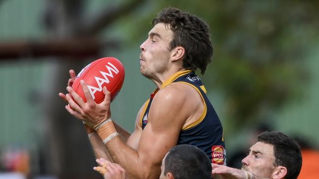 ADELAIDE, AUSTRALIA - MARCH 02: Riley Thilthorpe of the Crows  marks in front of   Jeremy McGovern of the Eagles during the 2024 AFL Community Series match between Adelaide Crows and West Coast Eagles at Hisense Stadium on March 02, 2024 in Adelaide, Australia. (Photo by Mark Brake/Getty Images)