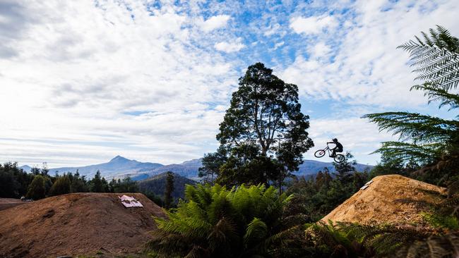 Darcy Coutts testing out the new Red Bull Hardline Tasmania track at Maydena Bike Park. Picture: Ryan Finlay.