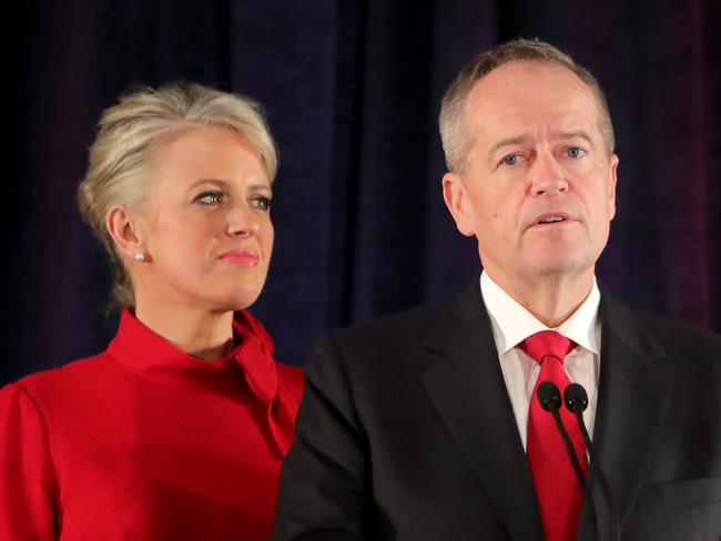 18/05/2019: MARGIN CALL: Bill Shorten makes his concession speech, with wife Chloe, at the 2019 ALP Election Night function in Melbourne. Stuart McEvoy/The Australian.