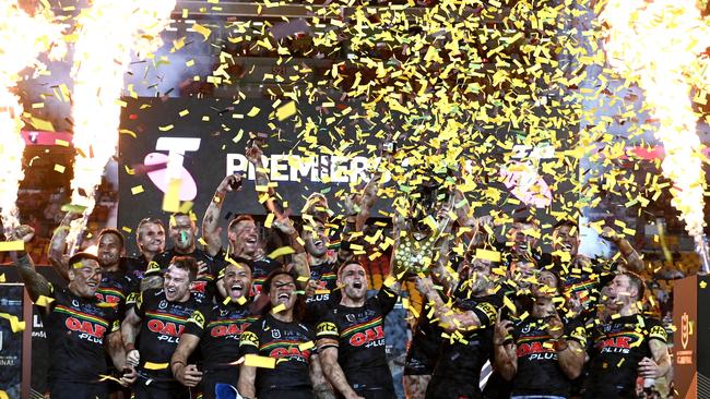 The Panthers celebrate on the field. Photo by Bradley Kanaris/Getty Images