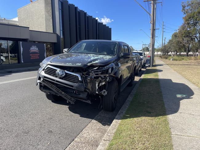 A damaged ute following the incident on Bartley St, Cabramatta.