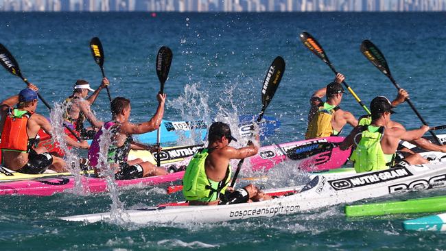 The elite mens field in the gruelling surf ski leg of the 2019 Coolangatta Gold.