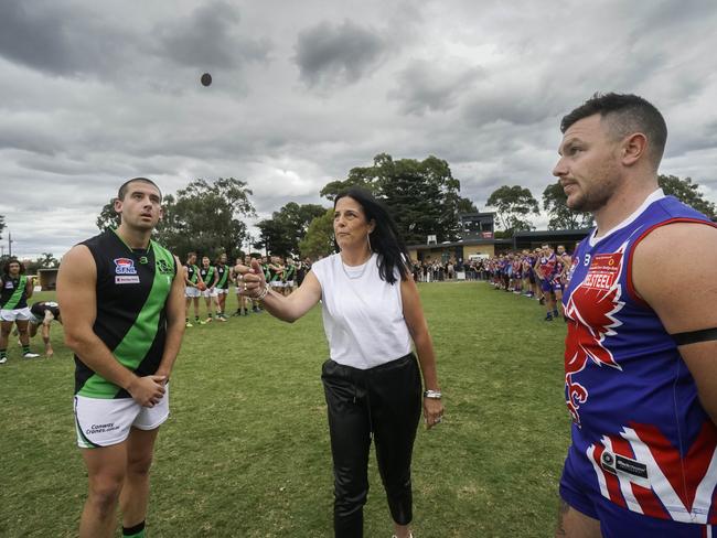 Nancy Balic tosses the coin before the match. Picture: Valeriu Campan