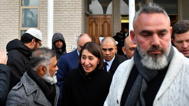 Premier Gladys Berejiklian greeting Muslims outside Lakemba Mosque. Picture: Dean Lewins