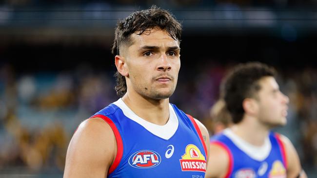 MELBOURNE, AUSTRALIA - SEPTEMBER 06: Jamarra Ugle-Hagan of the Bulldogs looks dejected after a loss during the 2024 AFL Second Elimination Final match between the Western Bulldogs and the Hawthorn Hawks at The Melbourne Cricket Ground on September 06, 2024 in Melbourne, Australia. (Photo by Dylan Burns/AFL Photos via Getty Images)