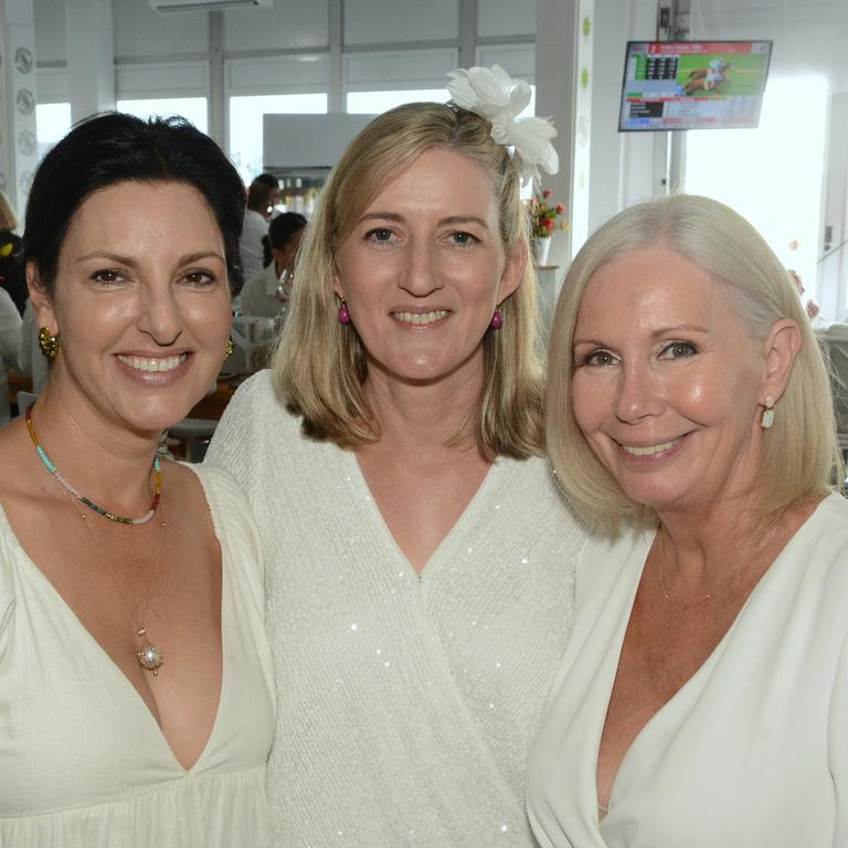 Mary Phillips, Anne Thomasson and Angela Payne at the Gold Coast Cup at Gold Coast Turf Club, Bundall on Saturday, May 7. Picture: Regina King