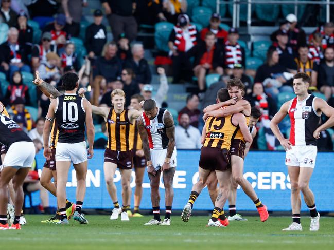 The Hawks celebrate on the final siren in Launceston. Picture: Michael Willson/AFL Photos