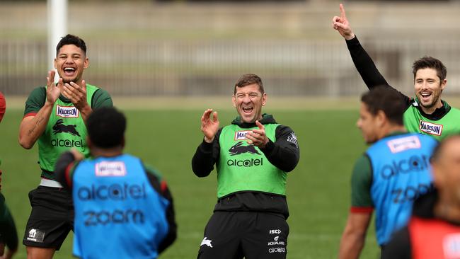 Assistant coach Jason Demetriou has a laugh during South Sydney Rabbitohs training after their win against the Broncos without coach Wayne Bennett. Picture. Phil Hillyard