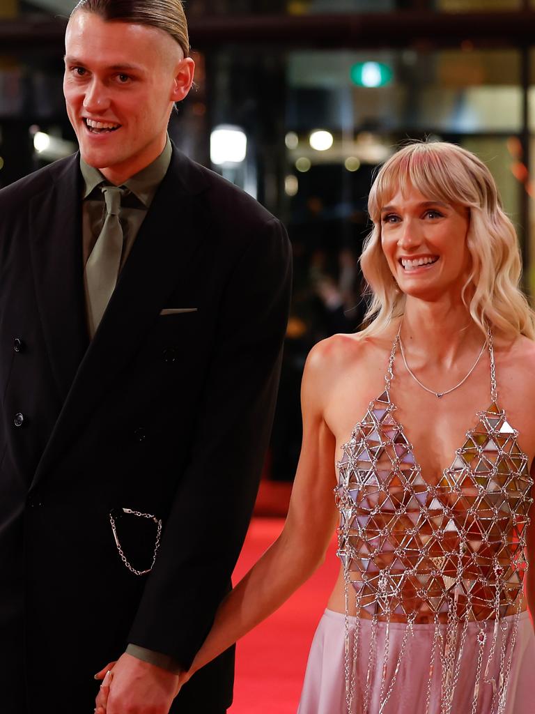 Darcy Moore and Dee looked gorgeous together. Picture: Dylan Burns/AFL Photos via Getty Images