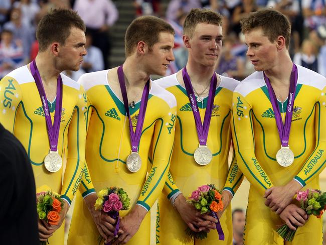 Jack Bobridge, Glenn, O'Shea, Rohan Dennis and Michael Hepburn with silver medals at the London Olympics.