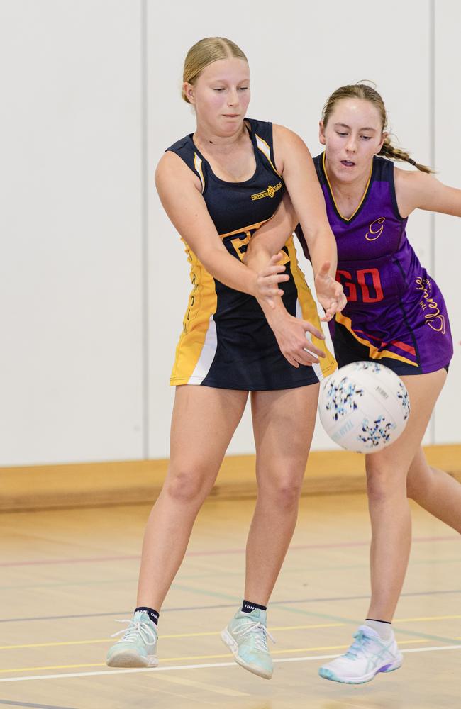 Elsa Bradshaw (left) of Fairholme and Emily Davidson of Glennie compete for possession in the Laura Geitz Cup netball carnival at The Glennie School, Sunday, March 16, 2025. Picture: Kevin Farmer