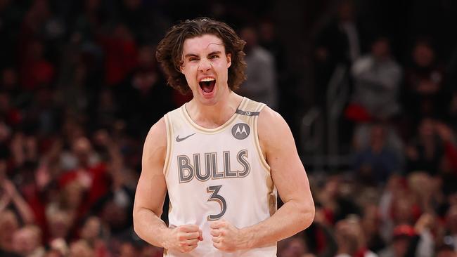 CHICAGO, ILLINOIS - DECEMBER 28: Josh Giddey #3 of the Chicago Bulls celebrates a basket against the Milwaukee Bucks during the second half at the United Center on December 28, 2024 in Chicago, Illinois. NOTE TO USER: User expressly acknowledges and agrees that, by downloading and or using this photograph, User is consenting to the terms and conditions of the Getty Images License Agreement.  (Photo by Michael Reaves/Getty Images)