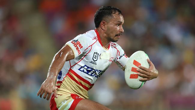 DARWIN, AUSTRALIA - APRIL 19:  Trai Fuller of the Dolphins runs the ball during the round seven NRL match between Parramatta Eels and Dolphins at TIO Stadium on April 19, 2024, in Darwin, Australia. (Photo by Mark Metcalfe/Getty Images)