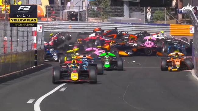 Cars piled up all over the track.