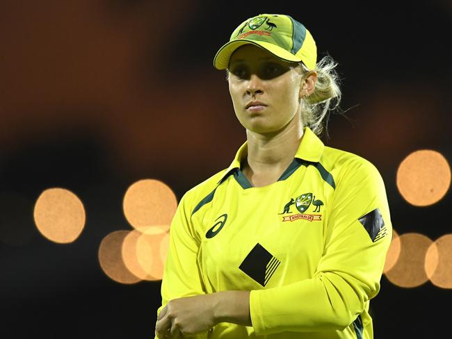 MACKAY, AUSTRALIA - SEPTEMBER 24: Ashleigh Gardner of Australia looks on during game two of the Women's One Day International series between Australia and India at Great Barrier Reef Arena on September 24, 2021 in Mackay, Australia. (Photo by Albert Perez/Getty Images)