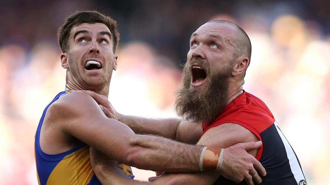 PERTH, AUSTRALIA - AUGUST 19: Scott Lycett of the Eagles and Max Gawn of the Demons contest the ruck during the round 22 AFL match between the West Coast Eagles and Melbourne Demons at Optus Stadium on August 19, 2018 in Perth, Australia.  (Photo by Paul Kane/Getty Images)