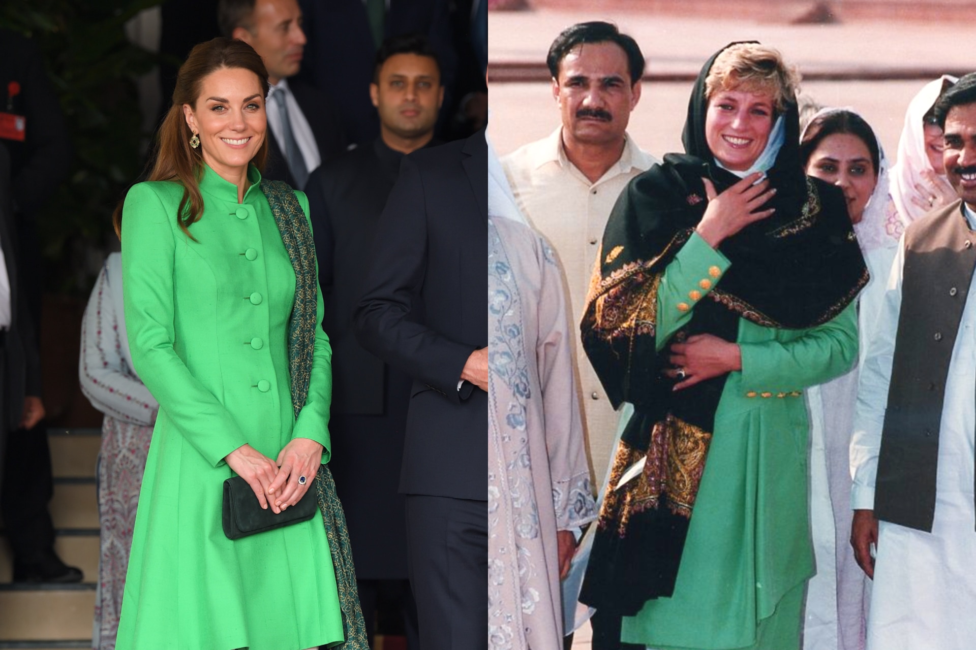 <h2>Princess Kate (2019) and Princess Diana (1991)</h2><p>On the same tour, the Duchess of Cambridge wore a Kelly green tunic, also by Catherine Walker, which sparked comparisons with a look Princess Diana had also matched with a deep green scarf.</p>