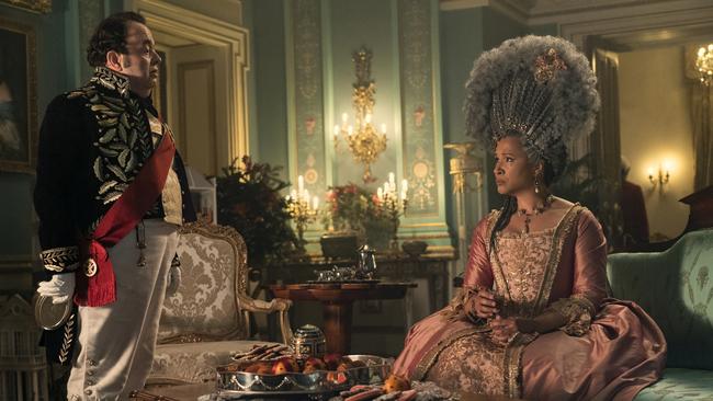 Hugh Sachs as Brimsley and Golda Rosheuvel as Queen Charlotte in one of the magnificent – but heavy – wigs. Picture: Liam Daniel/Netflix