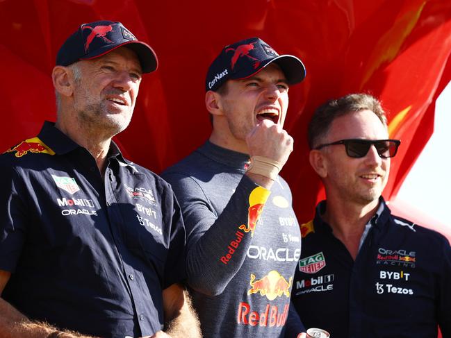 LE CASTELLET, FRANCE - JULY 24: Race winner Max Verstappen of the Netherlands and Oracle Red Bull Racing celebrates with Red Bull Racing Team Principal Christian Horner, Adrian Newey, the Chief Technical Officer of Red Bull Racing and his team after the F1 Grand Prix of France at Circuit Paul Ricard on July 24, 2022 in Le Castellet, France. (Photo by Clive Rose/Getty Images)