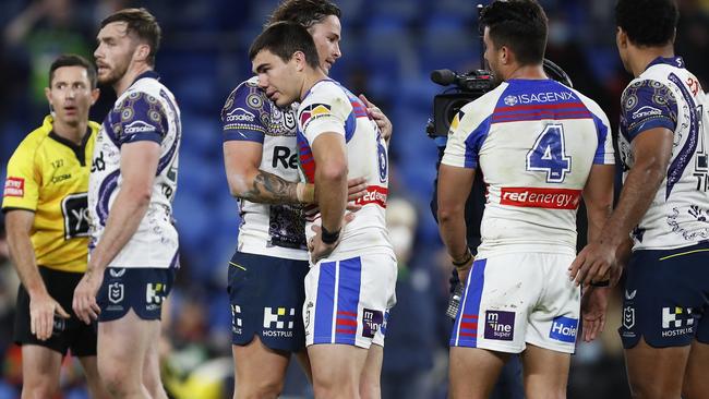 Jake Clifford, pictured with the Storm’s Nicho Hynes, says the onus is on him to put his hand up as the senior playmaker. Picture: Regi Varghese/Getty Images