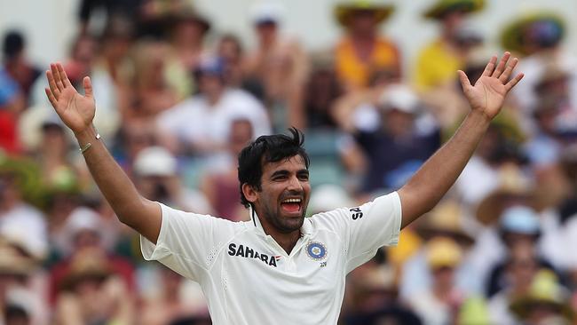 Zaheer Khan celebrates his wicket of Michael Clarke in 2012.