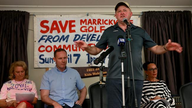 Federal Labor MPs Anthony Albanese and Linda Burney speak to members last year in a bid to save the course from being halved in size. Picture: Toby Zerna