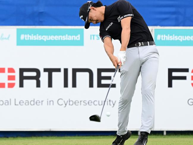 BRISBANE, AUSTRALIA - NOVEMBER 23: Min Woo Lee of Western Australia tees off on the first hole during day one of the 2023 Australian PGA Championship at Royal Queensland Golf Club on November 23, 2023 in Brisbane, Australia. (Photo by Bradley Kanaris/Getty Images)