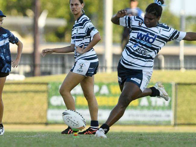 Darwin Brothers Elisa Niki takes a kick in the Womens NRLNT Grand Final 2022. Picture: (A)manda Parkinson