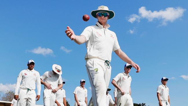DARWIN, AUSTRALIA — AUGUST 16: Steve Smith leads the team out during day three of the Australian Test cricket inter-squad match at Marrara Cricket Ground on August 16, 2017 in Darwin, Australia. (Photo by Michael Dodge/Getty Images)