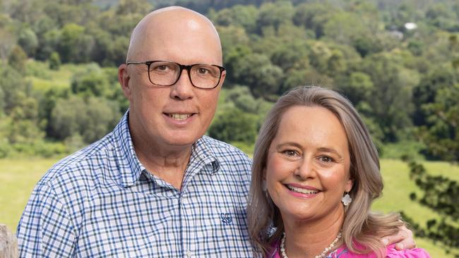 Opposition Leader Peter Dutton with his wife Kirilly and their dog Ralph at their Queensland property, north of Brisbane. Picture: Paul Harris