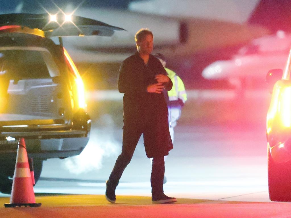 Harry and Meghan, Cameron Diaz and Benji Madden, Bumble founder Whitney Wolfe Herd and her oil-heir husband arriving at a Santa Barbara airport before boarding a G4 for the 40 minute flight to Las Vegas. Picture: Backgrid