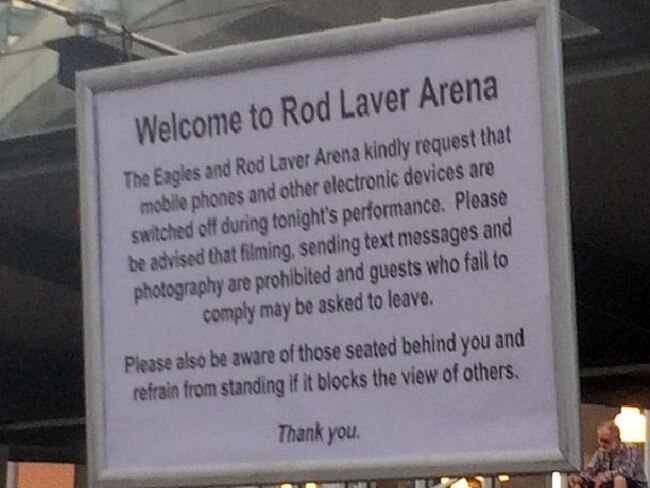 Sign outside a concert by The Eagles asking fans to not film on their phones. Pic: supplied