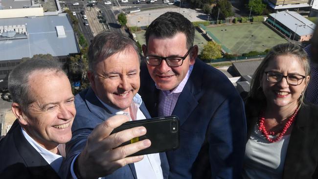 Then federal opposition leader Bill Shorten, Victorian premier Daniel Andrews, former transport minister Jacinta Allan and federal MP Anthony Albanese in 2018 after backing the Victorian Labor government's promise for a new suburban rail loop.