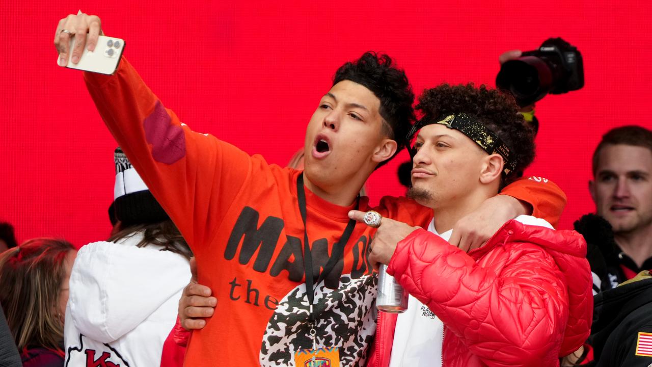 Jackson celebrates with Patrick on stage during the Kansas City Chiefs Super Bowl LVII victory parade. (Photo by Jay Biggerstaff/Getty Images)