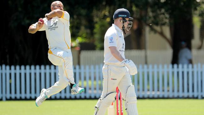 Asfar Riaz of Blacktown Mounties bowls during round 4 of the NSW Premier Grade cricket match between Mosman and Blacktown Mounties at Allan Border Oval on October 29, 2022 in Mosman. (Photo by Jeremy Ng/Newscorp Australia)