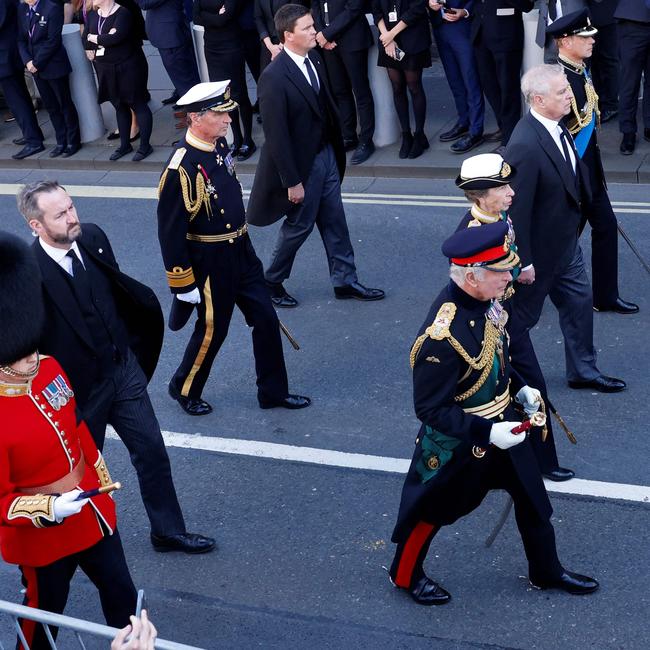 King Charles, front right, Princess Anne, Prince Andrew and Prince Edward walk behind the procession of Queen Elizabeth II's coffin, from the Palace of Holyroodhouse to St Giles Cathedral, on the Royal Mile in Edinburgh. Picture: AFP