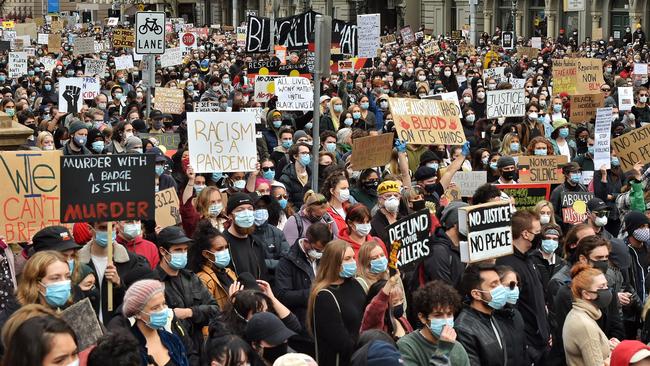 Melbourne protesters are ignoring social distancing rules. Picture: Jason Edwards