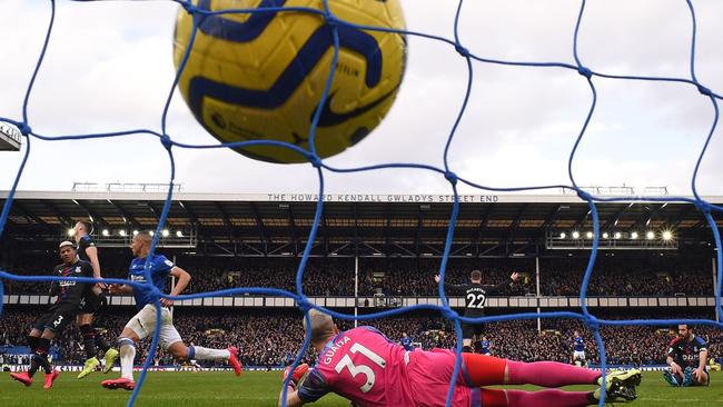 Everton striker Richarlison celebrates after scoring their second goal at Goodison Park. Picture: AFP.