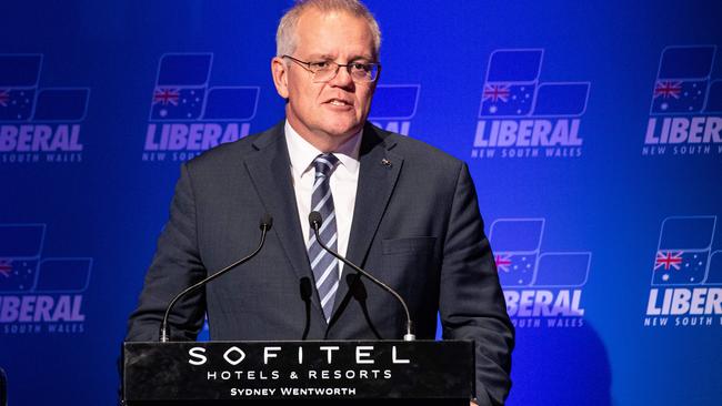 Prime Minister Scott Morrison delivers a speech about the federal budget at the Sofitel Sydney Wentworth. Picture: NCA NewsWire / Christian Gilles