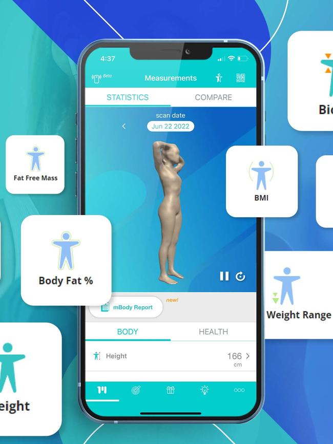 The app displays a body avatar and health measurements.