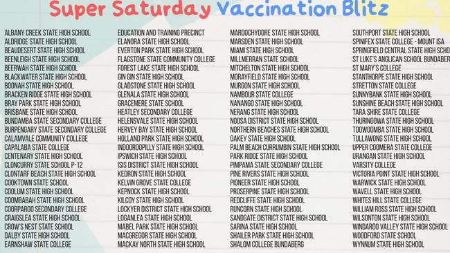 All schools included in Queensland's Super Saturday Vaccination Blitz. Source: Annastacia Palaszczuk (Facebook)